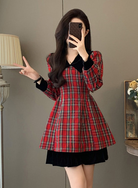 学院风红色格子连衣裙女收腰显瘦A字裙气质高级感秋季小香风裙子