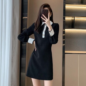 赫本风法式黑色连衣裙女2024秋季新款修身显瘦长袖翻领高腰a字裙