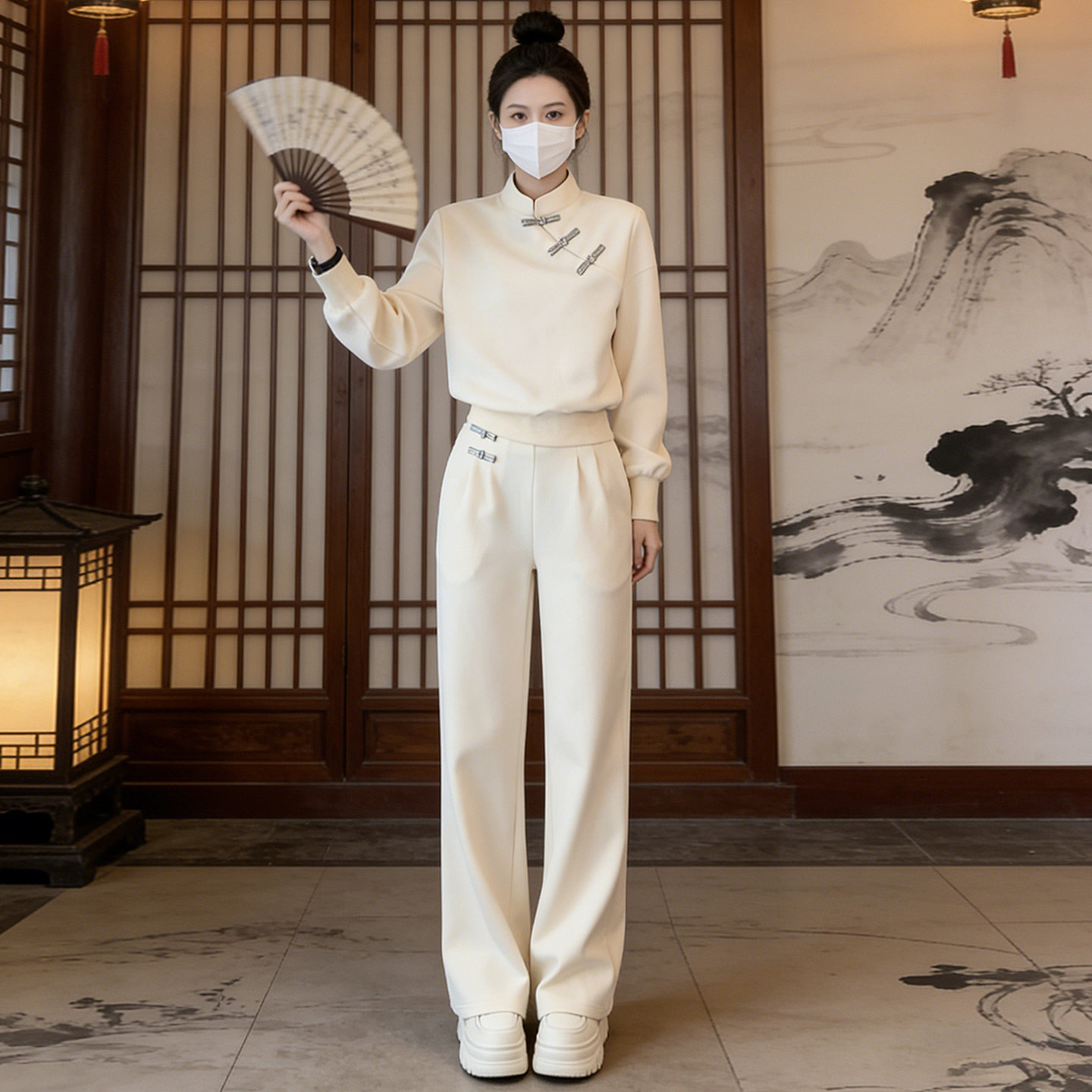 新中式国风休闲运动套装女2026新款春季盘扣卫衣阔腿裤显瘦两件套
