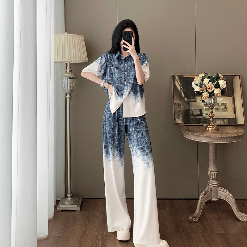 2025夏季新款时尚套装女高级感气质渐变色衬衫高腰阔腿裤两件套女