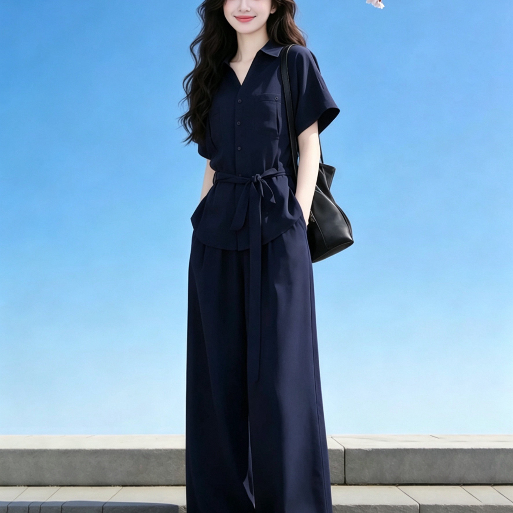高级感短袖衬衫阔腿裤两件套女夏季气质轻熟系带收腰套装宽松气质