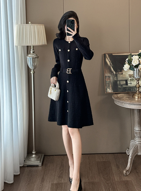 轻奢小香风黑色连衣裙女收腰A字裙高级感千金风女神范打底小黑裙