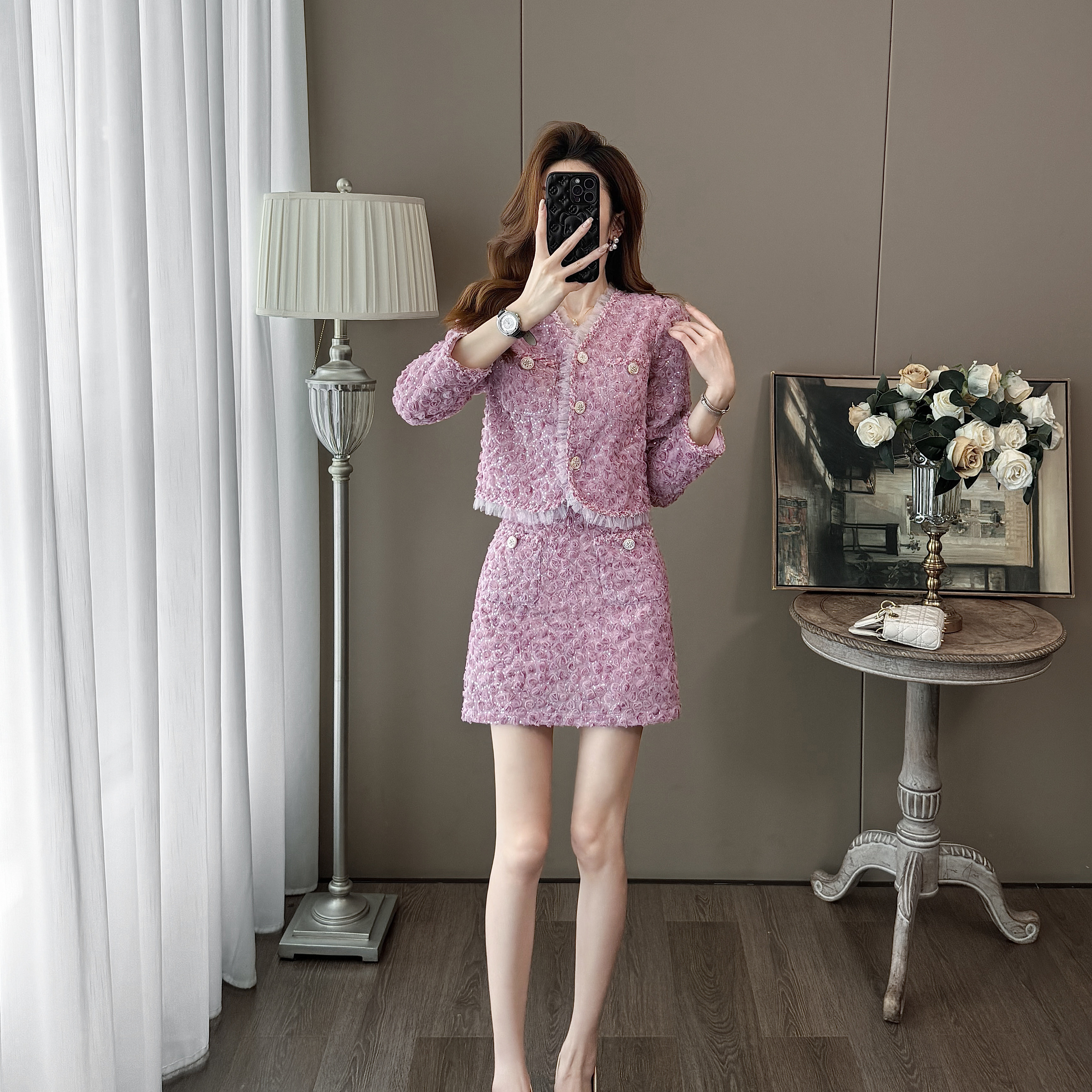小香风紫色套装裙女秋装