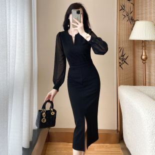 轻奢优雅风黑色连衣裙女长袖收腰开叉显瘦气质高级感2025新款秋装