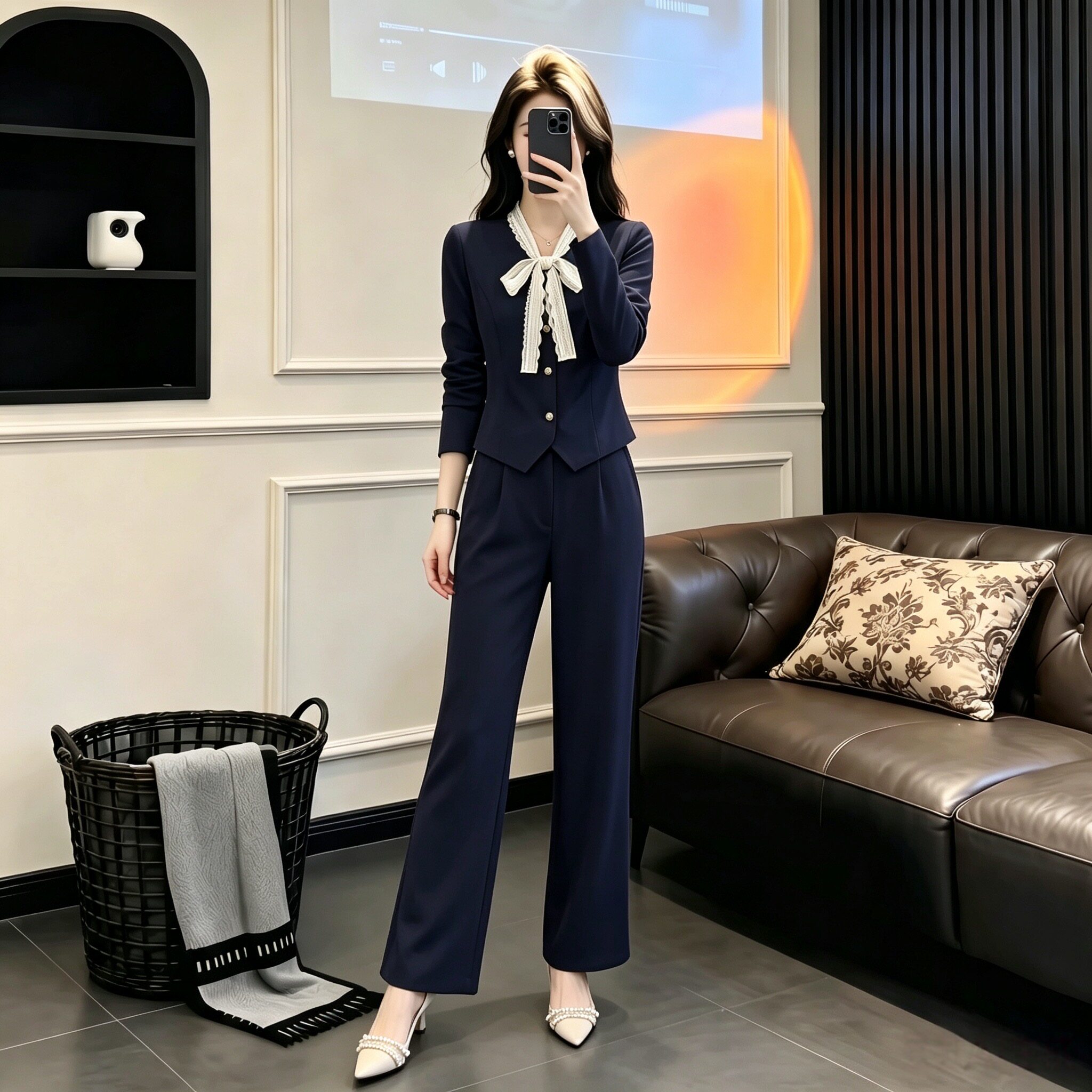 秋季轻职风V领蝴蝶结阔腿套装女