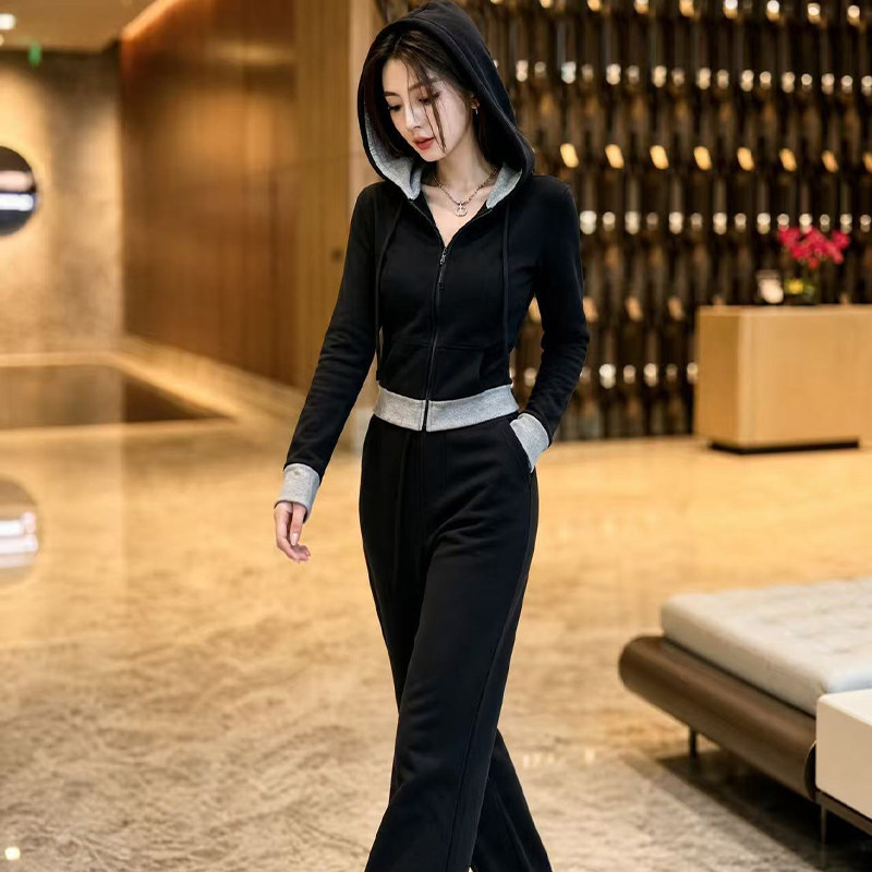 春秋女黑色连帽卫衣阔腿裤套装