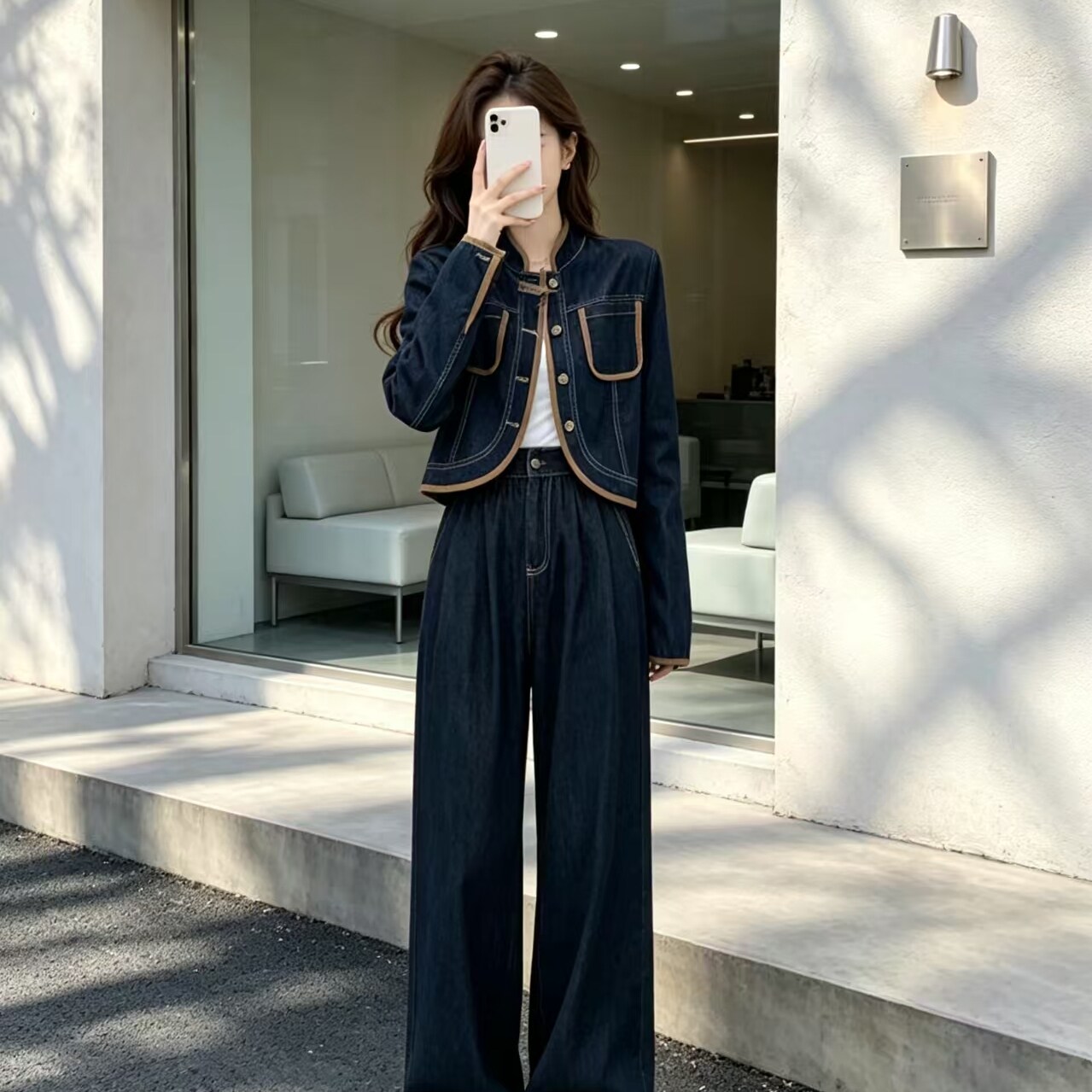 复古港风春秋女牛仔两件套显瘦