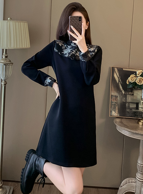 新中式国风黑色加绒连衣裙女春2024新款洋气高端精致气质唐装裙子