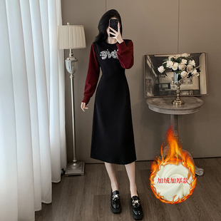 高级感超显瘦休闲卫衣连衣裙女秋冬加绒撞色显瘦气质优雅打底长裙