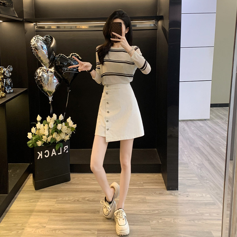 港风小个子2025春季新款时尚套装女条纹针织衫上衣高腰显瘦半身裙