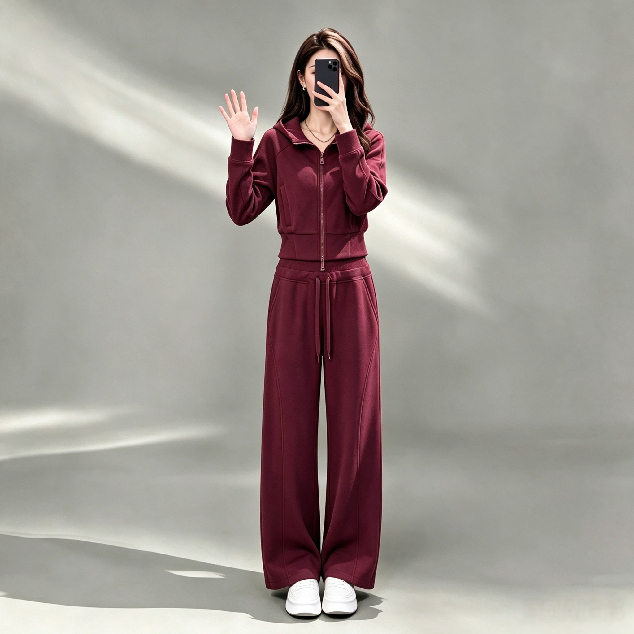 春秋女红色连帽显瘦运动套装