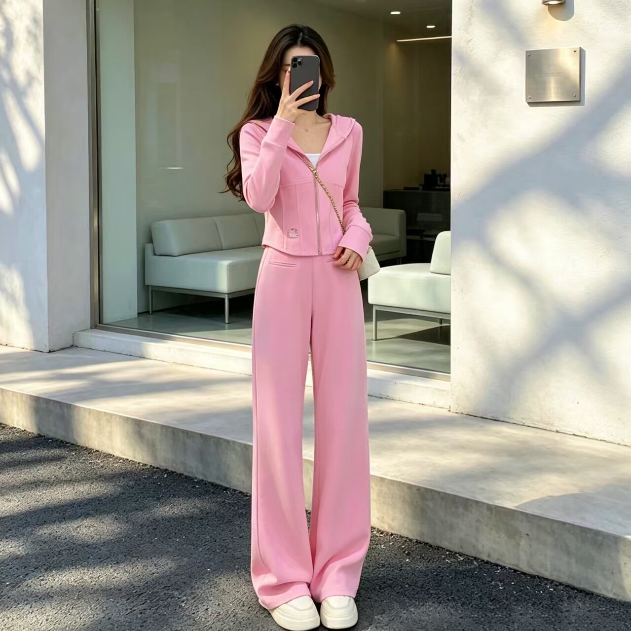 春秋粉色毛领卫衣阔腿裤套装女