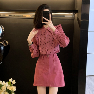 波点港风复古休闲时尚套装女装夏季新款拼色波点短袖衬衫牛仔短裤