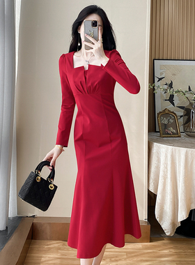 红色连衣裙女长裙轻奢高级感名媛气质女神范高端宴会礼服秋冬新款