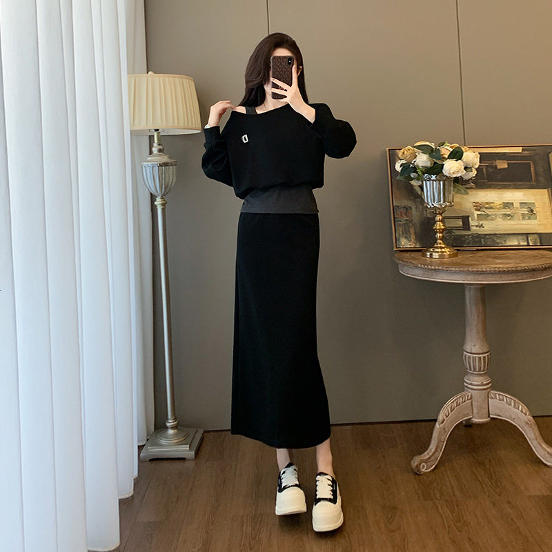 时尚休闲套装裙女秋季黑色露肩卫衣半身裙显瘦气质两件套2025新款,女装/女士精品,时尚套装,淘宝优惠券,粉丝福利购,淘宝优惠卷