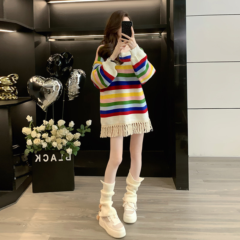 2025新款彩虹条纹流苏毛衣女秋冬宽松慵懒风软糯针织衫上衣,女装/女士精品,毛衣,淘宝优惠券,粉丝福利购,淘宝优惠卷