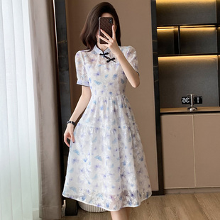 2024新款夏季气质显瘦小个子时尚少女复古法式收腰中国风女连衣裙