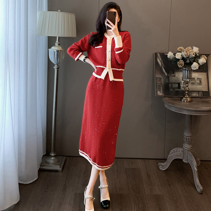 小香风毛衣套装裙女秋冬针织红色时尚高级感气质名媛半身裙两件套,女装/女士精品,时尚套装,淘宝优惠券,粉丝福利购,淘宝优惠卷