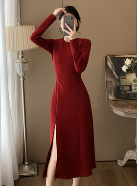 2025新款秋装女轻奢红色优雅高级感修身显瘦开叉连衣裙内搭打底裙