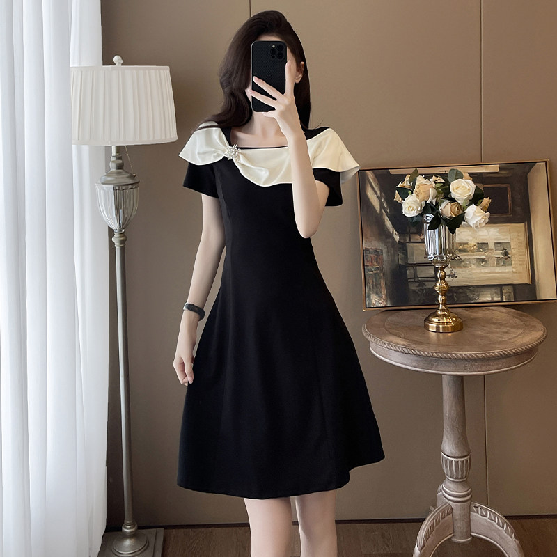 2025夏新款短袖拼接休闲连衣裙女甜美气质礼服小黑裙子小个子洋气