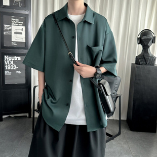 男短袖 半袖 高级感冰丝七分袖 薄款 小众设计感 外套男夏季 墨绿色衬衫
