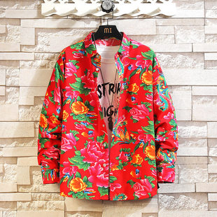 凤凰牡丹印花大码 春装 宽松休闲衬衣外搭 男长袖 民族风东北大花衬衫