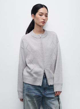 11st crops*feather yarn 羽毛纱拼接菱形镂空针织衫开衫毛衣