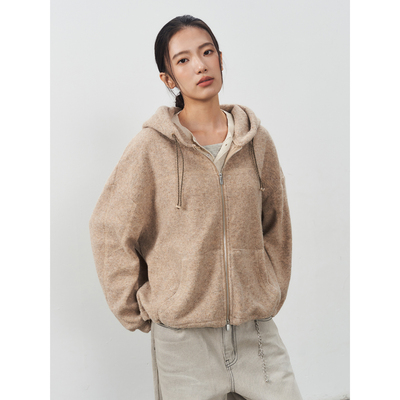 11st crops*polar fleece hoodie 摇粒绒仿毛呢开衫连帽卫衣外套
