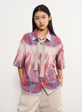 11st crops*line spray painted shirt 线条喷绘撞色短袖衬衫