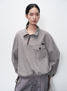 11st crops*diagonal zipper 定制格纹斜拉链翻领半高领衬衫外套