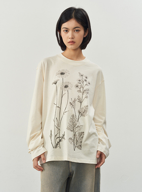 11st crops*root and stem t 根茎系植物花卉竹节花纱印花长袖T恤