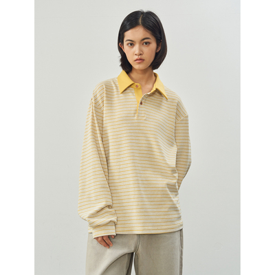 11st crops*striped pit polo 黄白条纹细腻坑条针织长袖polo衫