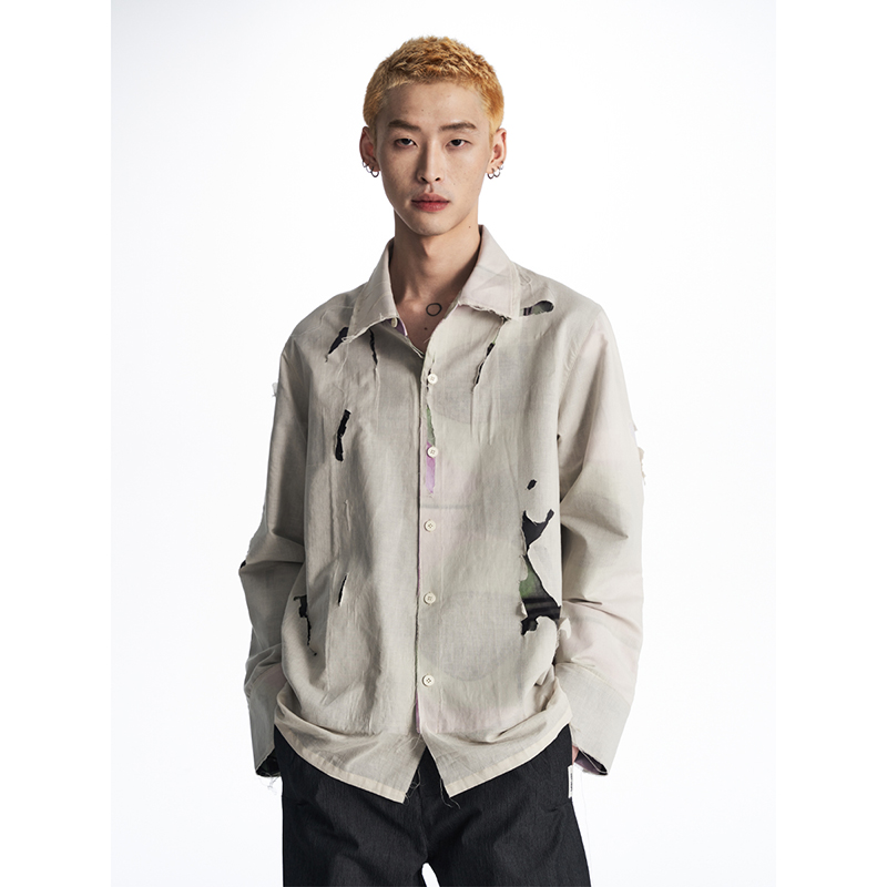 11St Crops 毛边破坏双层复合定制面料设计师无性别潮牌长袖衬衫