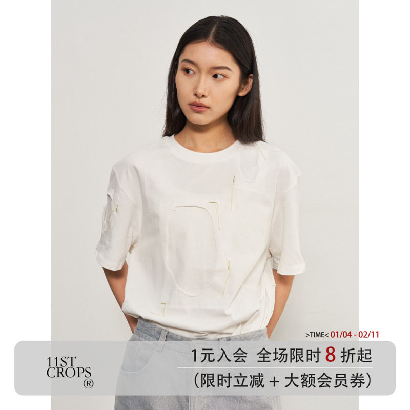 11st crops*patch embroidery t 手工缝线补丁刺绣流苏短袖T恤,男装,T恤,淘宝优惠券,粉丝福利购,淘宝优惠卷