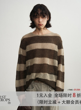 11St Crops “杏咖”条纹镂空时髦感慵懒廓形叠穿罩衫毛衣针织衫