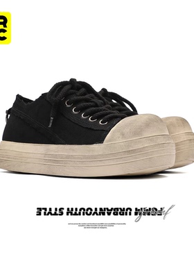 NewRockStarchoppa 春夏帆布鞋男款小众做旧厚底学生大头板鞋潮流