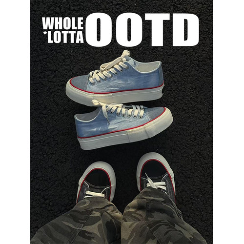 NewRockStarChoppa 复古水洗厚底牛仔帆布鞋男款春夏透气休闲板鞋