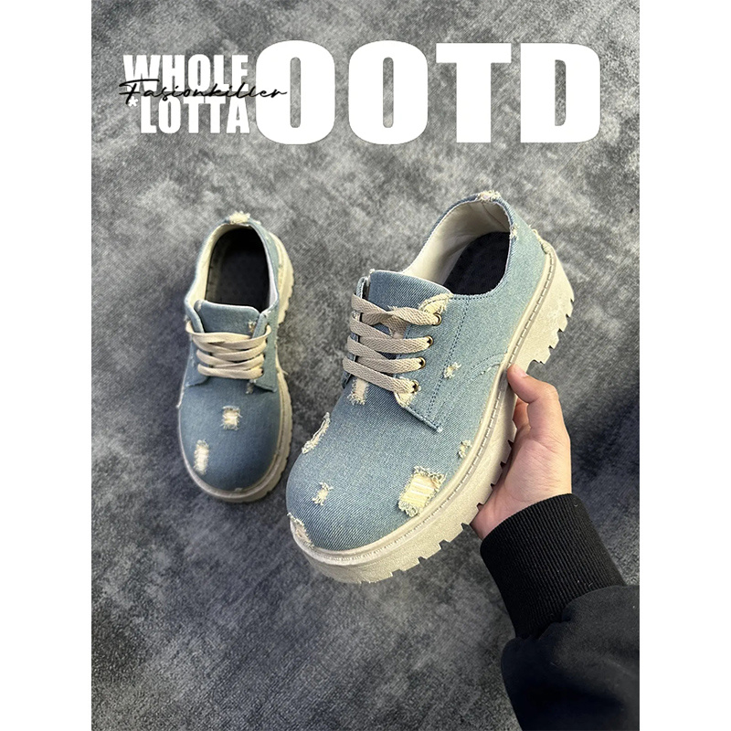 NewRockStarChoppa 春季小众破碎做旧牛仔德比鞋厚底休闲皮鞋男款