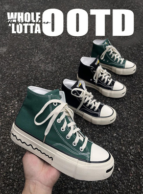 NewRockstarchoop春季高帮帆布鞋男款百搭经典开口笑厚底休闲板鞋