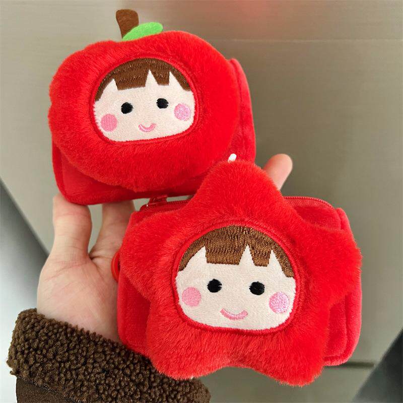 大红色苹果五角星娃娃方形毛绒零钱包学生银行卡收纳卡包迷你小包