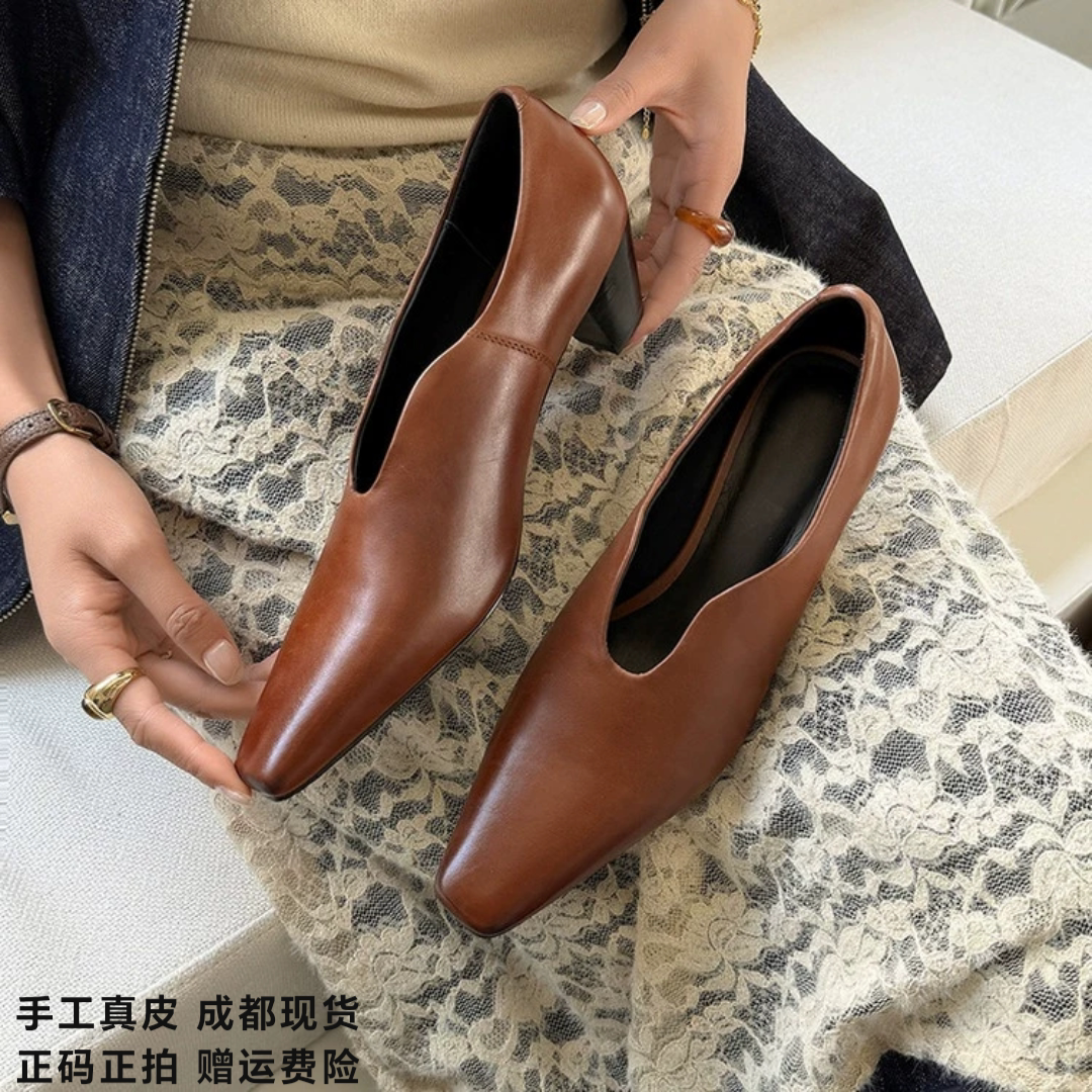 L'avance牛皮高跟鞋2026秋款高品质女鞋巨舒适纯皮单鞋粗跟小皮鞋