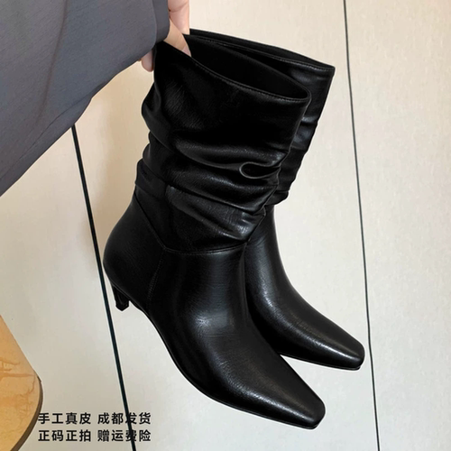 L'avance牛翻皮堆堆靴2026秋高品质女鞋巨舒适纯皮单靴猫跟中筒靴