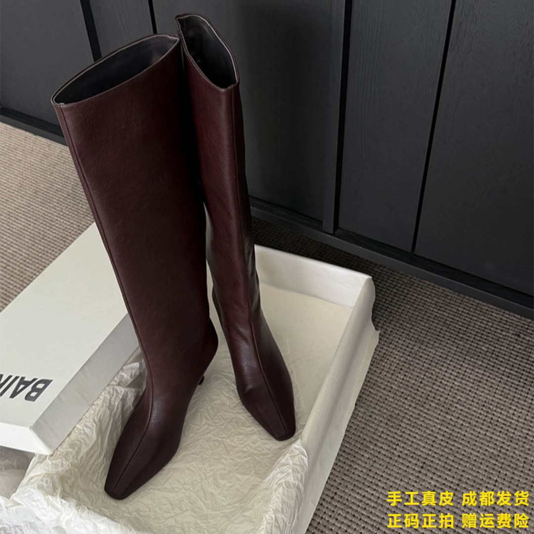 L'avance牛皮高筒靴2026冬高品质女鞋巨舒适纯皮靴子可可棕长筒靴