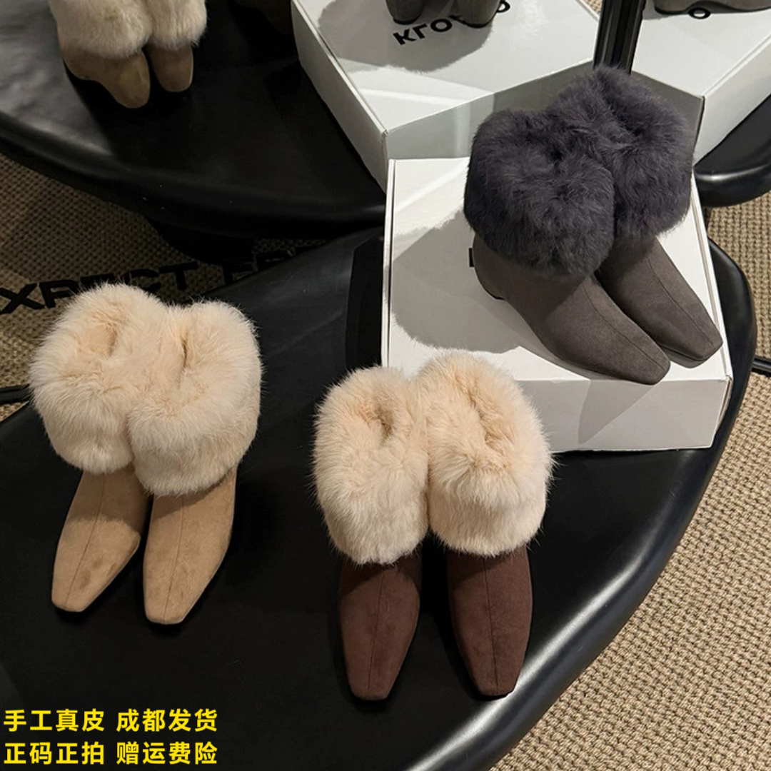 L'avance绒面兔毛毛鞋2026高品质女鞋巨舒适纯皮单靴可可棕中筒靴