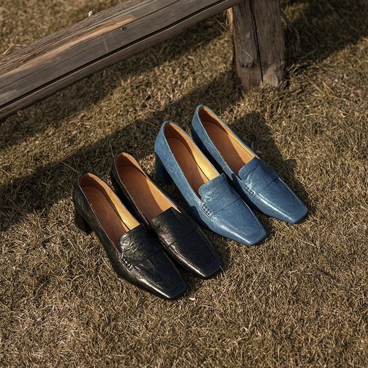 l'avance真皮 法式文艺复古新款女4.5cm方头设计师款乐福羊皮单鞋