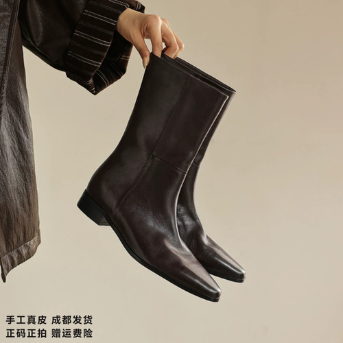 L'avance牛皮西部靴2026秋高品质女鞋巨舒适纯皮单靴可可系中筒靴