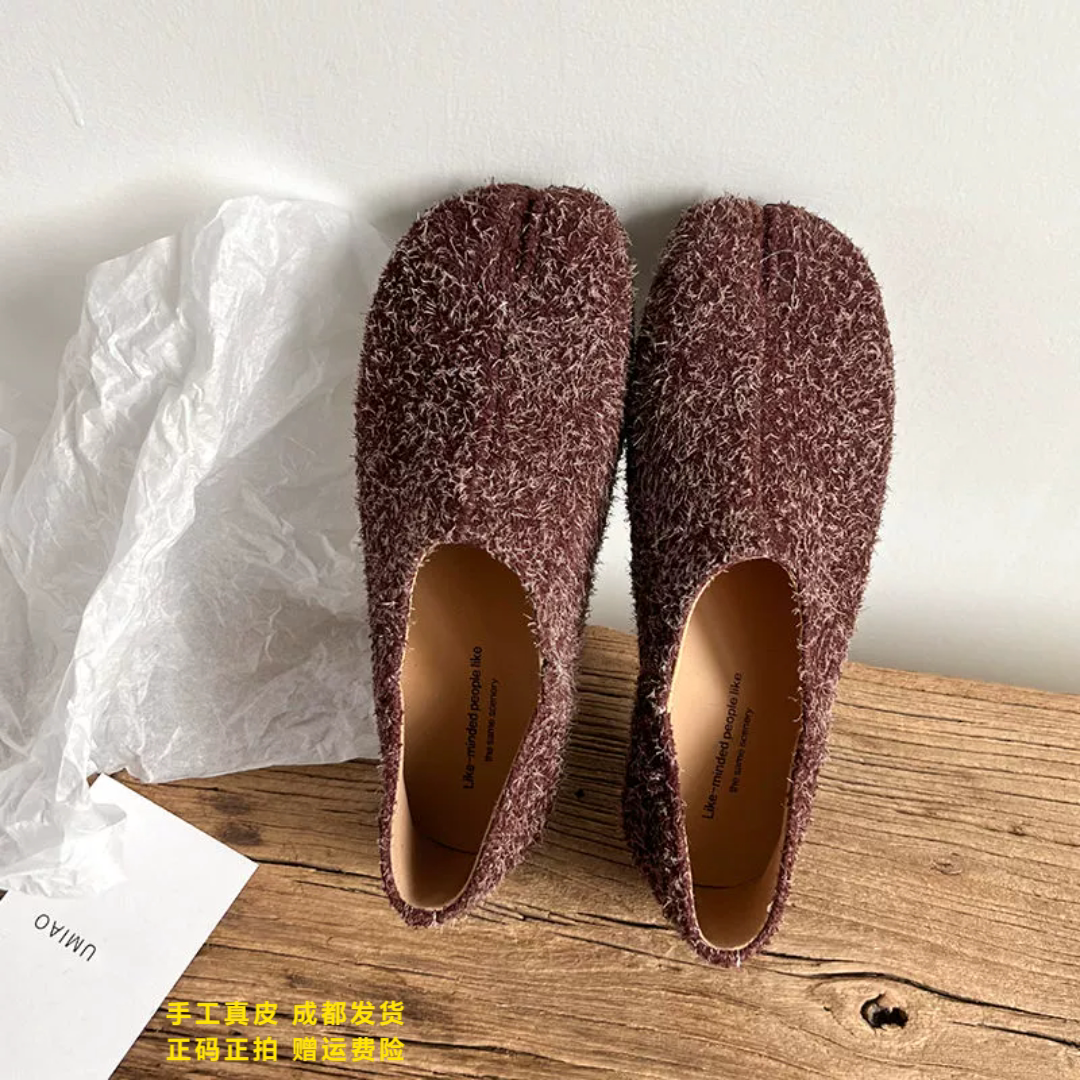L'avance雪花牛皮分趾鞋2026高品质女鞋巨舒适纯皮鞋可可系小皮鞋