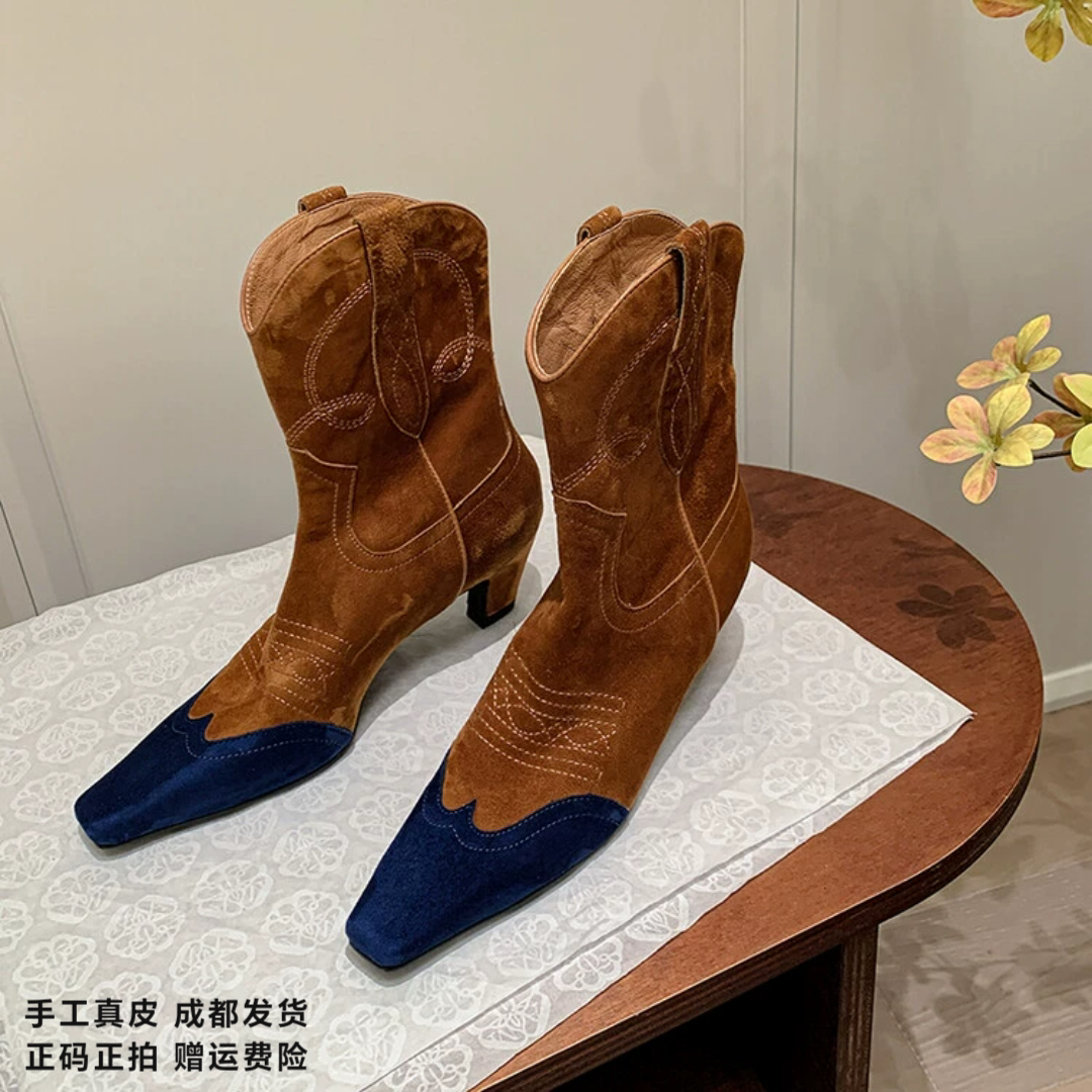 L'avance牛皮西部靴2026冬高品质女鞋巨舒适纯皮靴子可可棕中筒靴