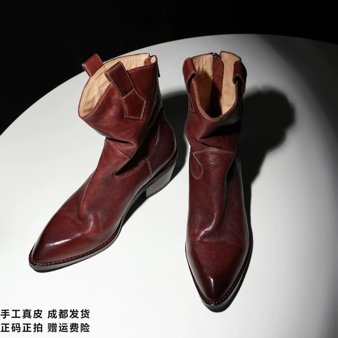 L'avance植鞣牛皮西部靴2026秋冬高品质女鞋巨舒适纯皮靴子短筒靴