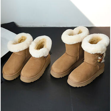 l'avance真皮 自留款4cm时髦精羊皮毛一体雪地靴牛角扣巨暖棉靴子